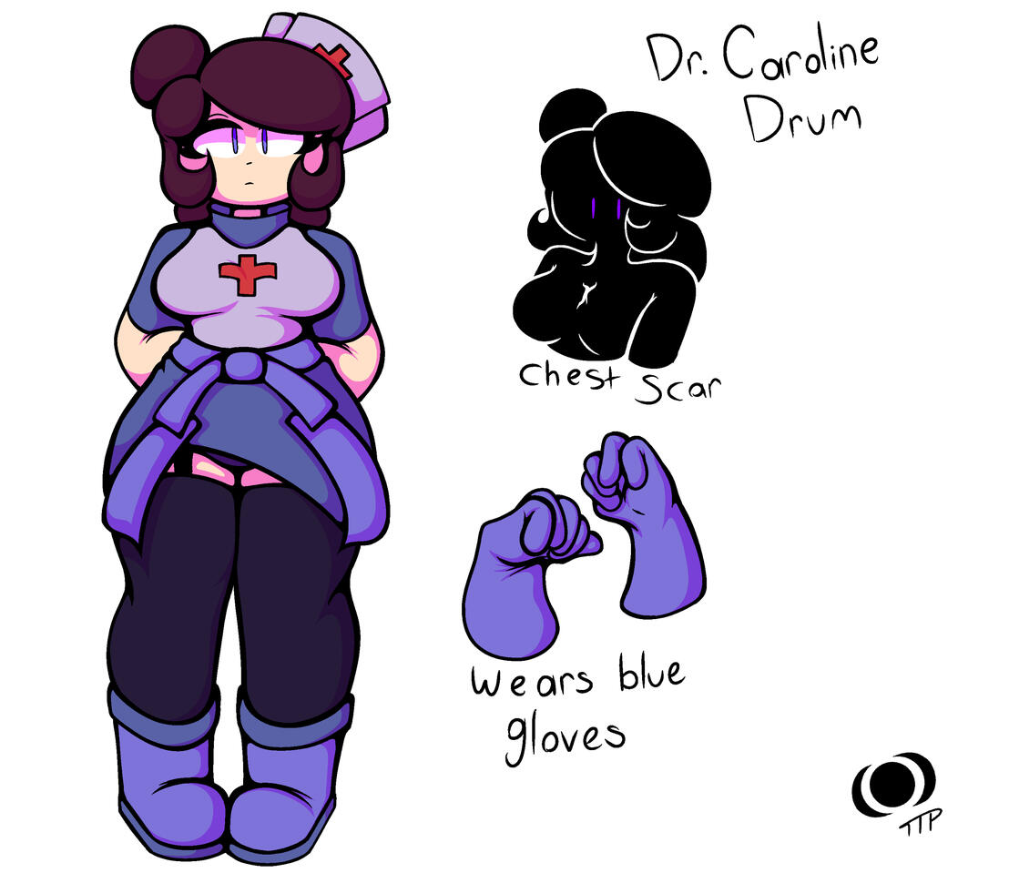 Caroline Drum Reference Sheet 2024 (lacking side profile because i suck at drawing humans). Date: Jun 9th, 2024